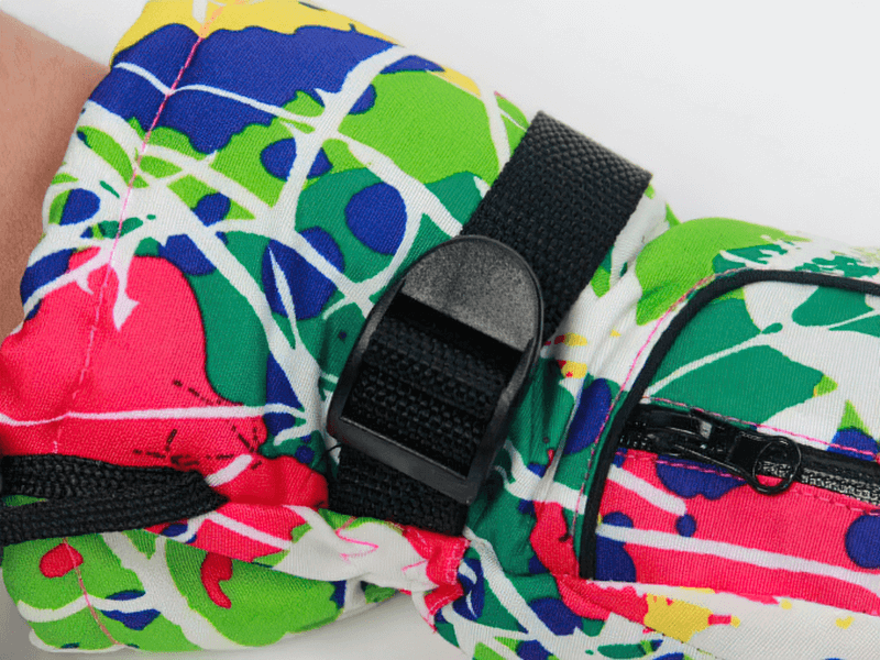Close-up of multicolor waterproof ski gloves with buckle, SF1830. Perfect for winter sports, keeps hands warm and dry.