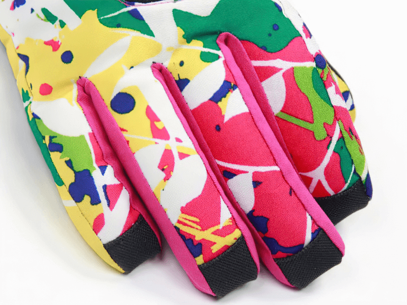 Bright multicolor waterproof snowboarding ski gloves for women, crafted from polyester with pink accents. Model SF1830.