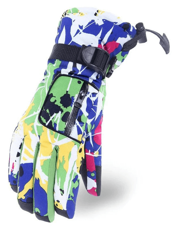 Multicolor waterproof snowboarding ski gloves for women, featuring windproof and breathable polyester. Ideal for winter sports.