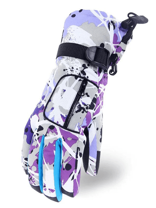 Multicolor waterproof snowboarding ski gloves for women with purple, grey, and blue design.