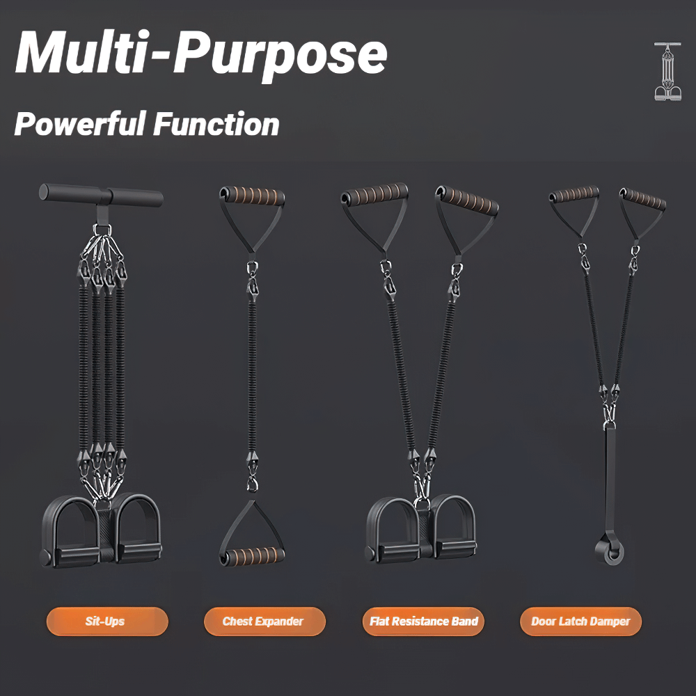 Multifunction Pedal Resistance Tension Trainer - SF3428 showcasing sit-ups, chest expander, flat resistance band and door latch damper features.