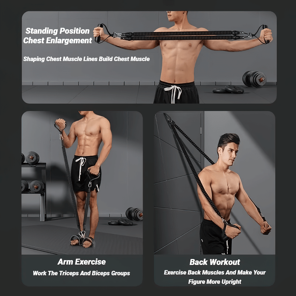 Multifunction Pedal Resistance Tension Trainer - SF3428 in use showcasing chest, arm, and back exercises.