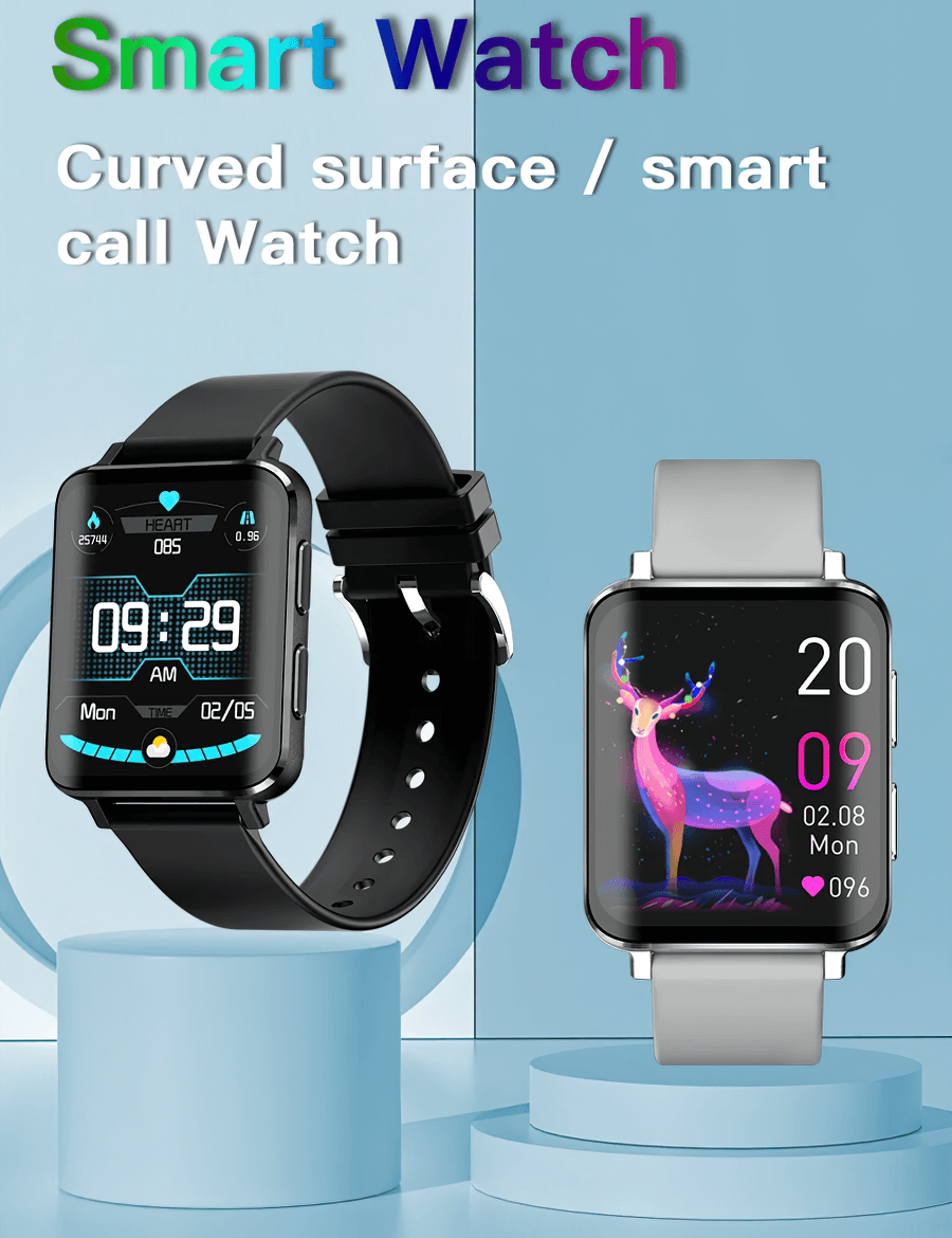 Black and silver multifunction smartwatches with health and fitness monitors, featuring dynamic watch faces, on display.