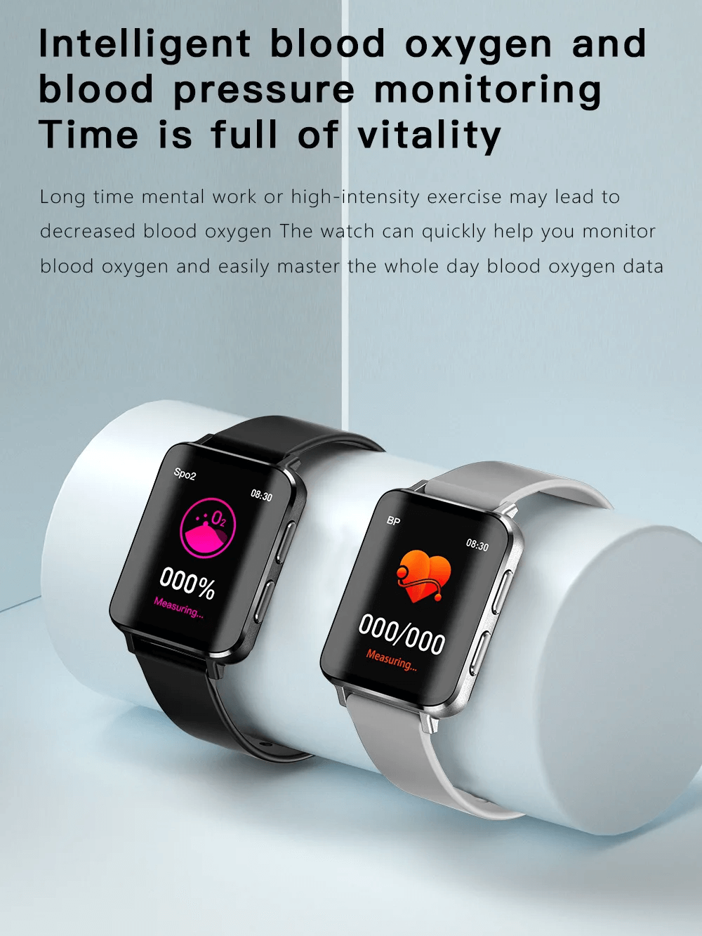 Two multifunction smartwatches SF2127 showing blood oxygen and heart rate monitors, designed for health tracking and vitality.