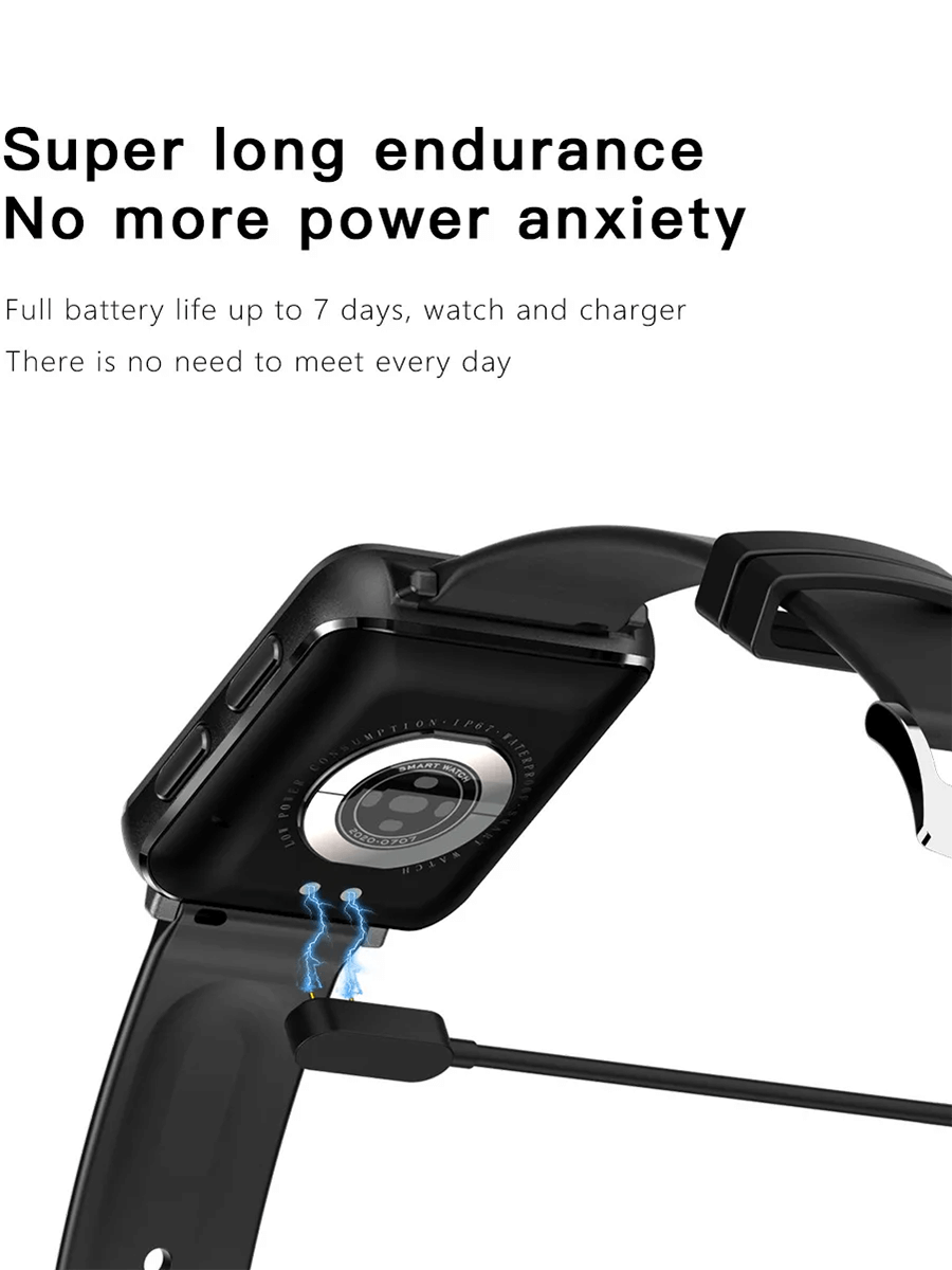 Back view of the SF2127 smartwatch showcasing its charger and text emphasizing super long battery life of up to 7 days.