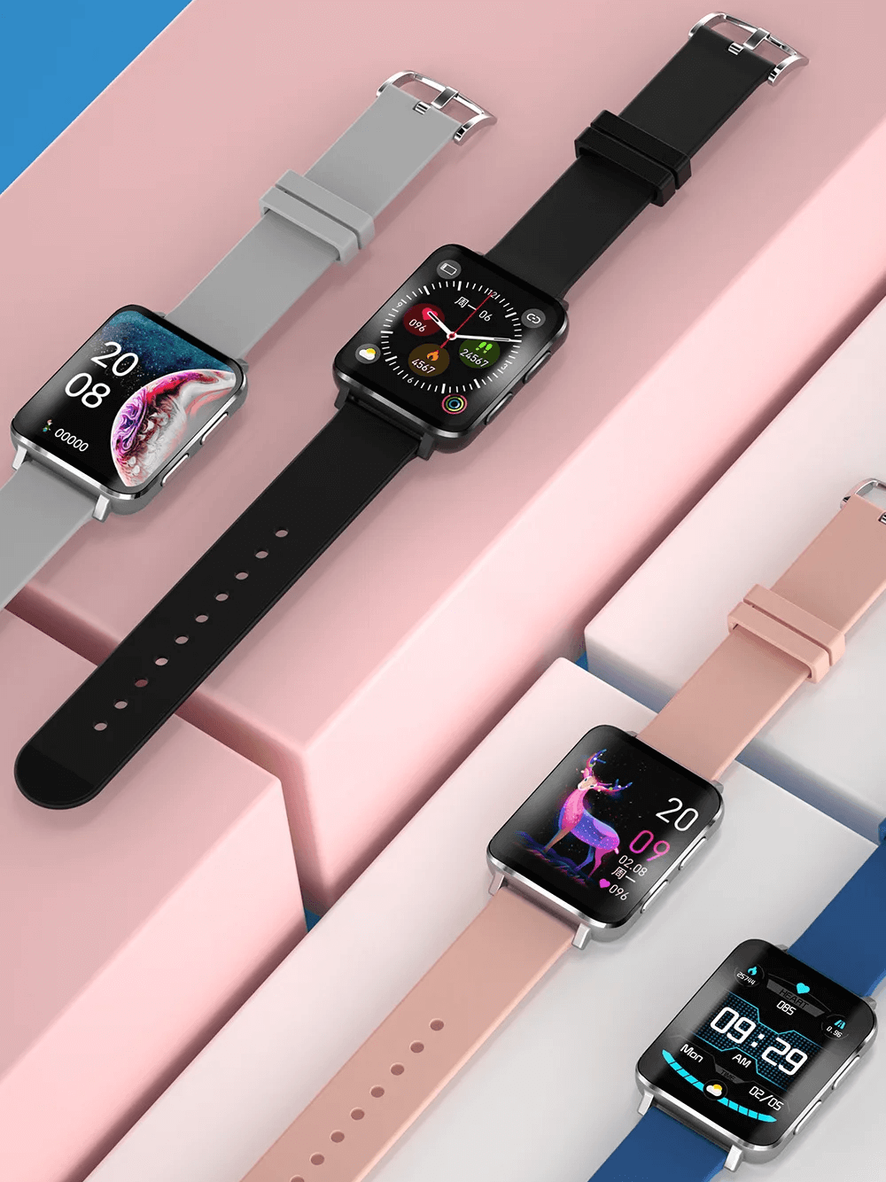 Multifunction smartwatch SF2127 with colorful bands and modern watch faces featuring health monitors like heart rate and sleep tracking.