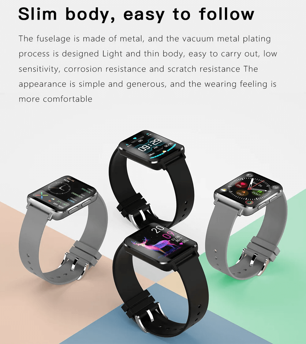 Four SF2127 smartwatches showcasing sleek design and multiple watch faces, emphasizing slim and durable metal bodies.