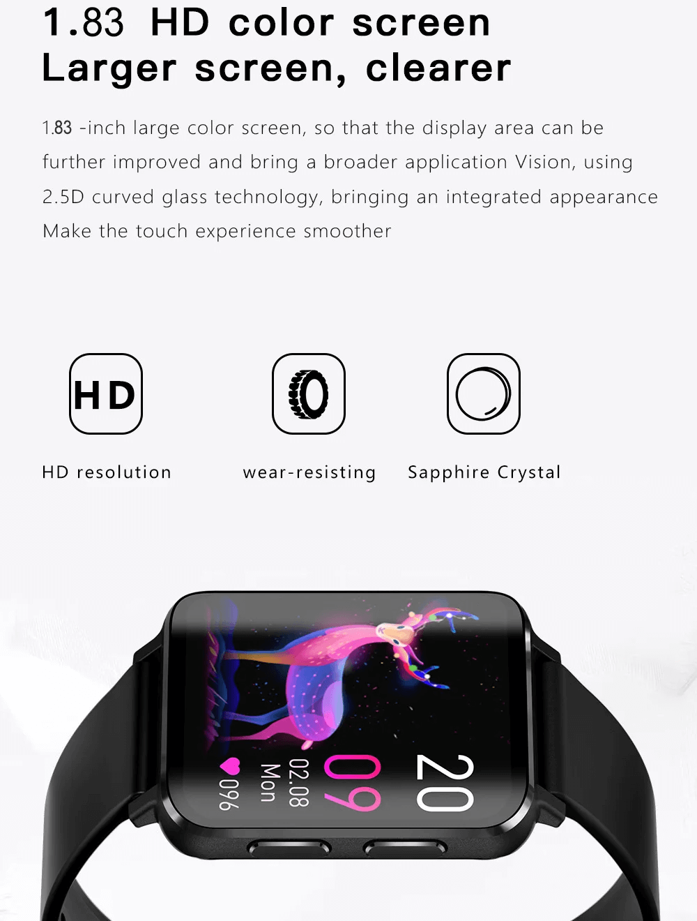 Sleek smartwatch with 1.83-inch HD screen showcasing vibrant display, highlighted features include wear-resistance and Sapphire Crystal.