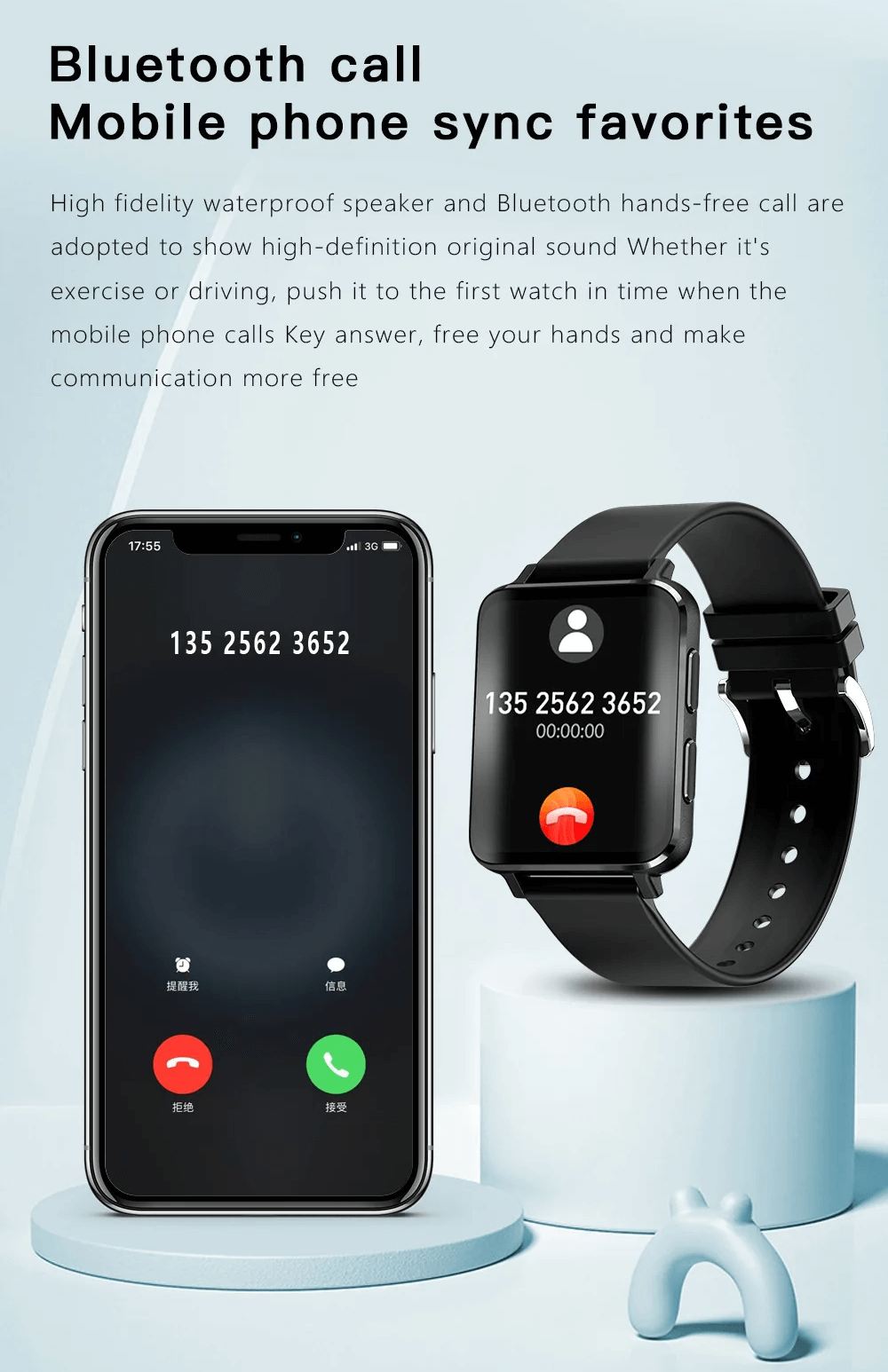 Smartwatch SF2127 displaying Bluetooth call sync feature with phone, highlighting hands-free call convenience and stylish design.