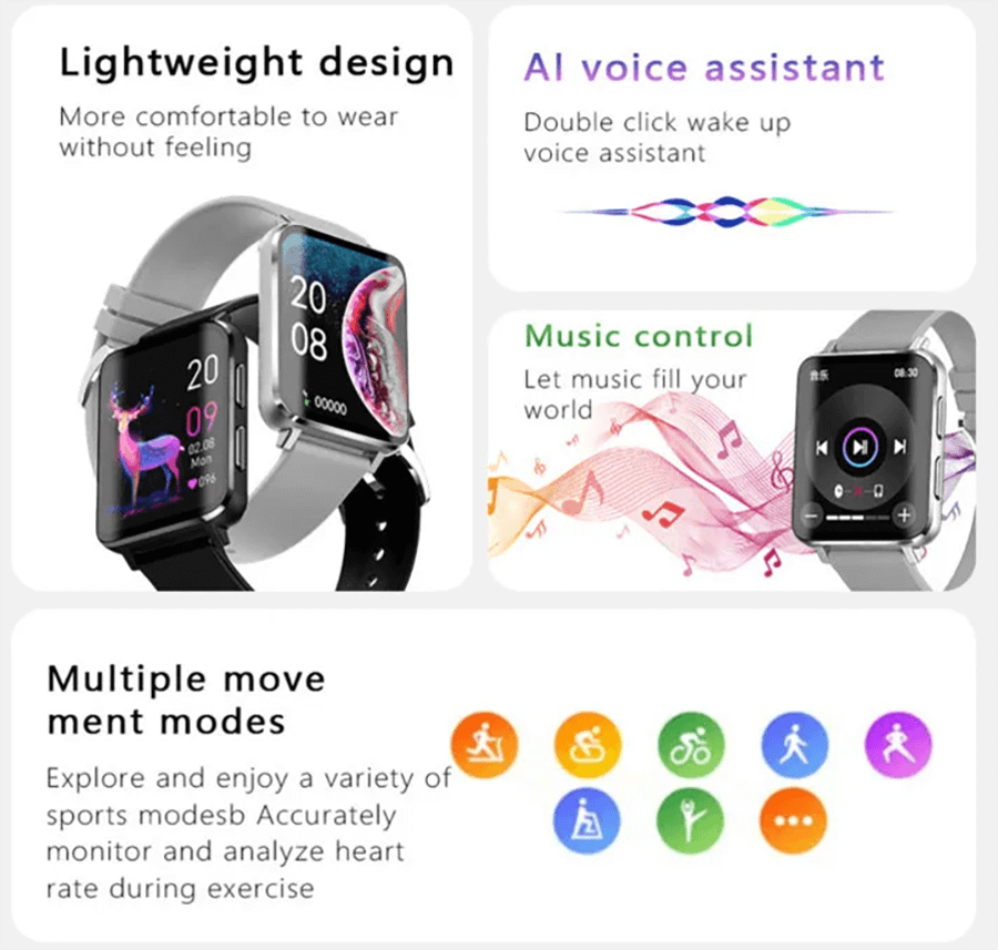 Smartwatch SF2127 showing lightweight design, AI voice assistant, music control, multiple movement modes for seamless fitness tracking.