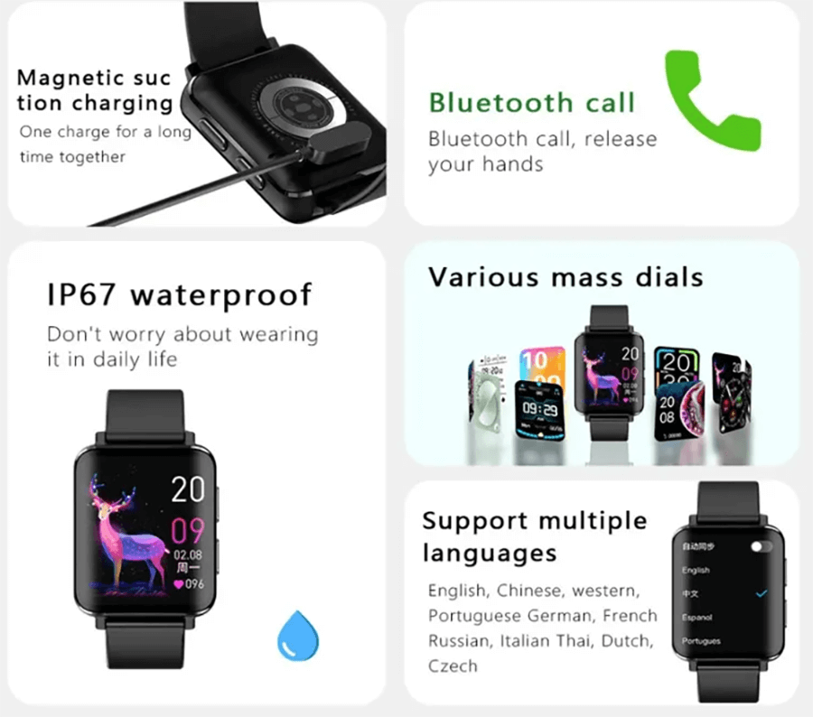 SF2127 smartwatch features: magnetic charging, Bluetooth calls, IP67 waterproof, multiple dials, multilingual support.