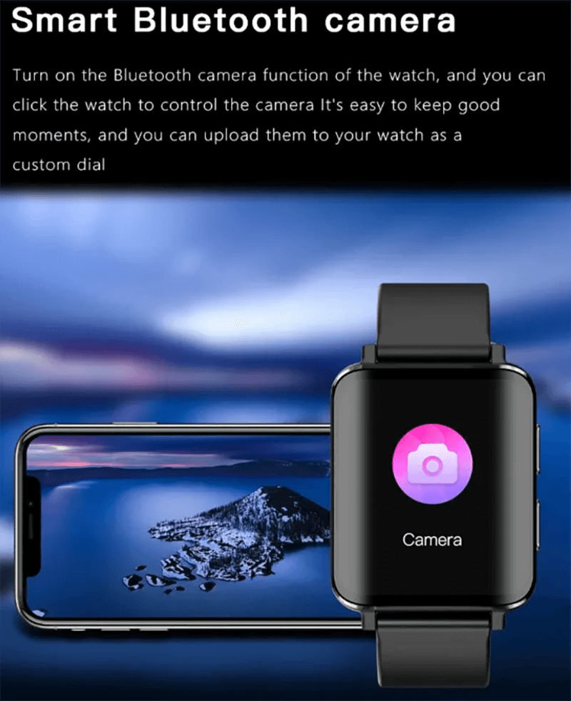 Multifunction smartwatch Bluetooth camera feature, sync with phone for remote control and photo upload, shown against scenic backdrop.