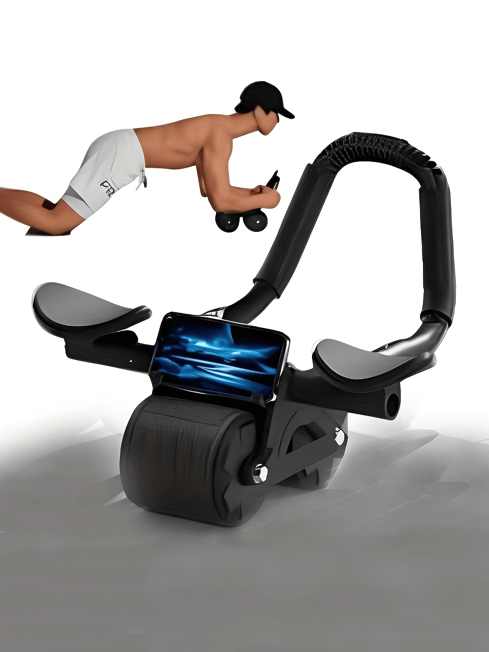 Multifunctional ab roller with resistance bands for core workouts, featuring dual wheels, ergonomic handles, and black design.