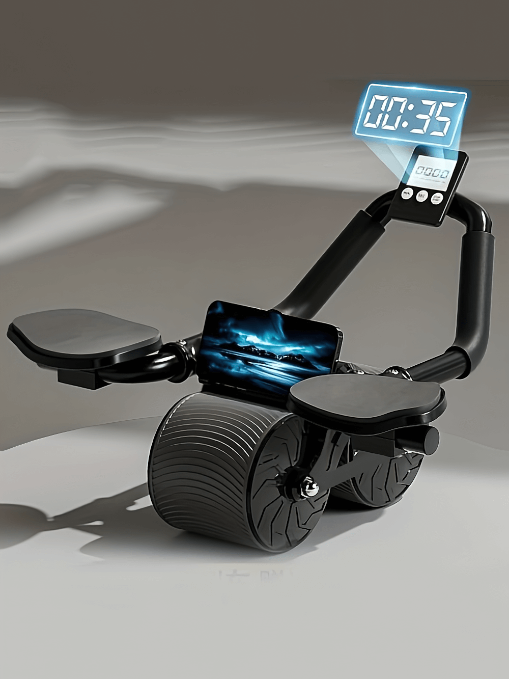 Advanced multifunctional ab roller with resistance bands, dual wheels, ergonomic handles, ideal for core and upper body workouts.