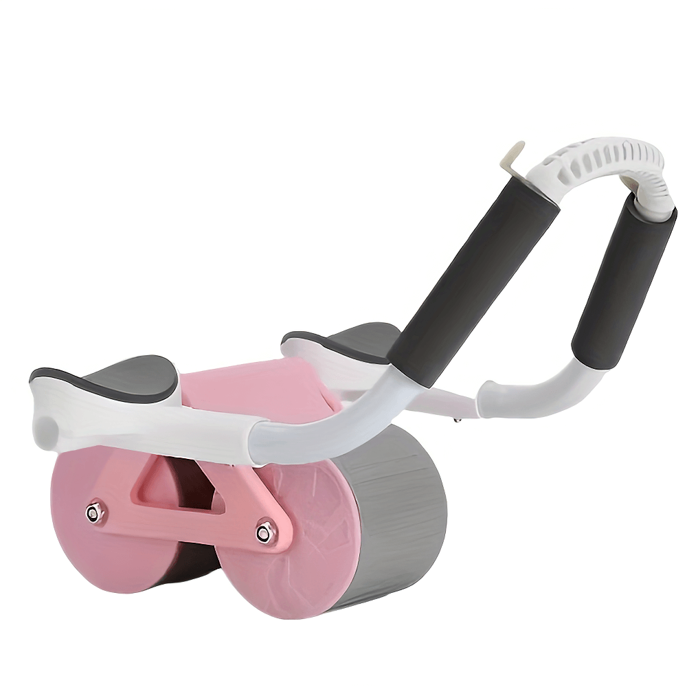 Pink multifunctional ab roller with resistance bands and ergonomic handles, ideal for home gym workouts and core strength training.