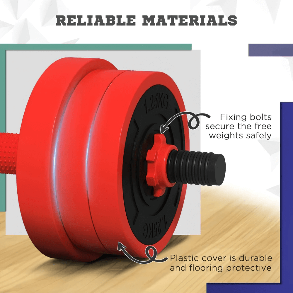 Close-up of a red dumbbell with secure fixing bolts and durable plastic cover for reliable strength training.