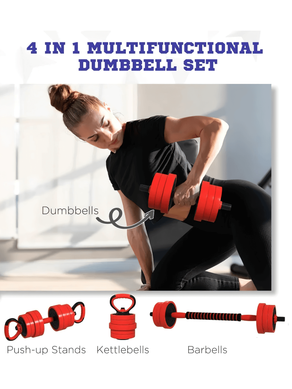 Woman using multifunctional dumbbell set for home workout; features adjustable dumbbells, kettlebells, barbells, and push-up stands.