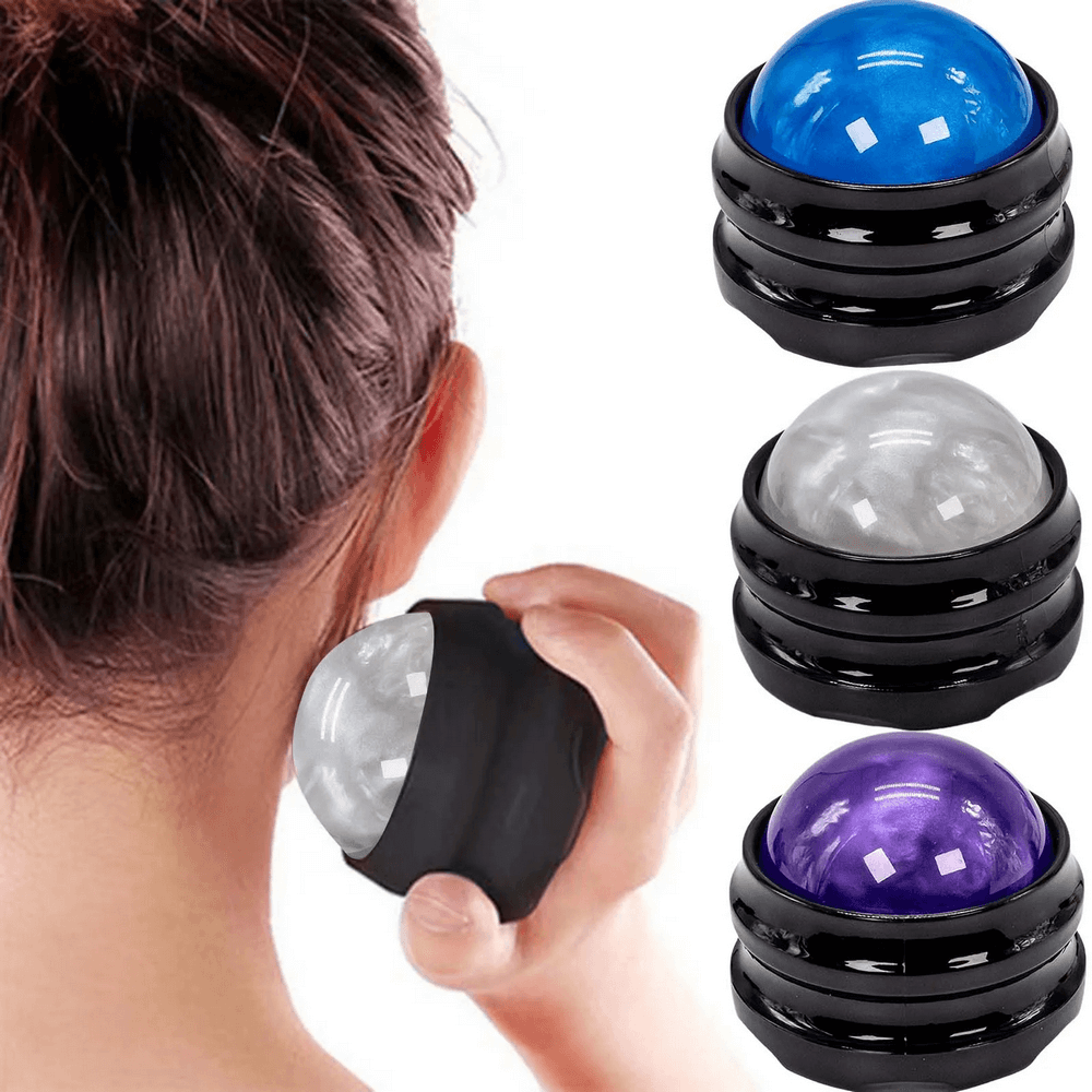 Multifunctional handheld massage roller ball used on neck for deep tissue relief, featuring blue, clear, and purple roller options.