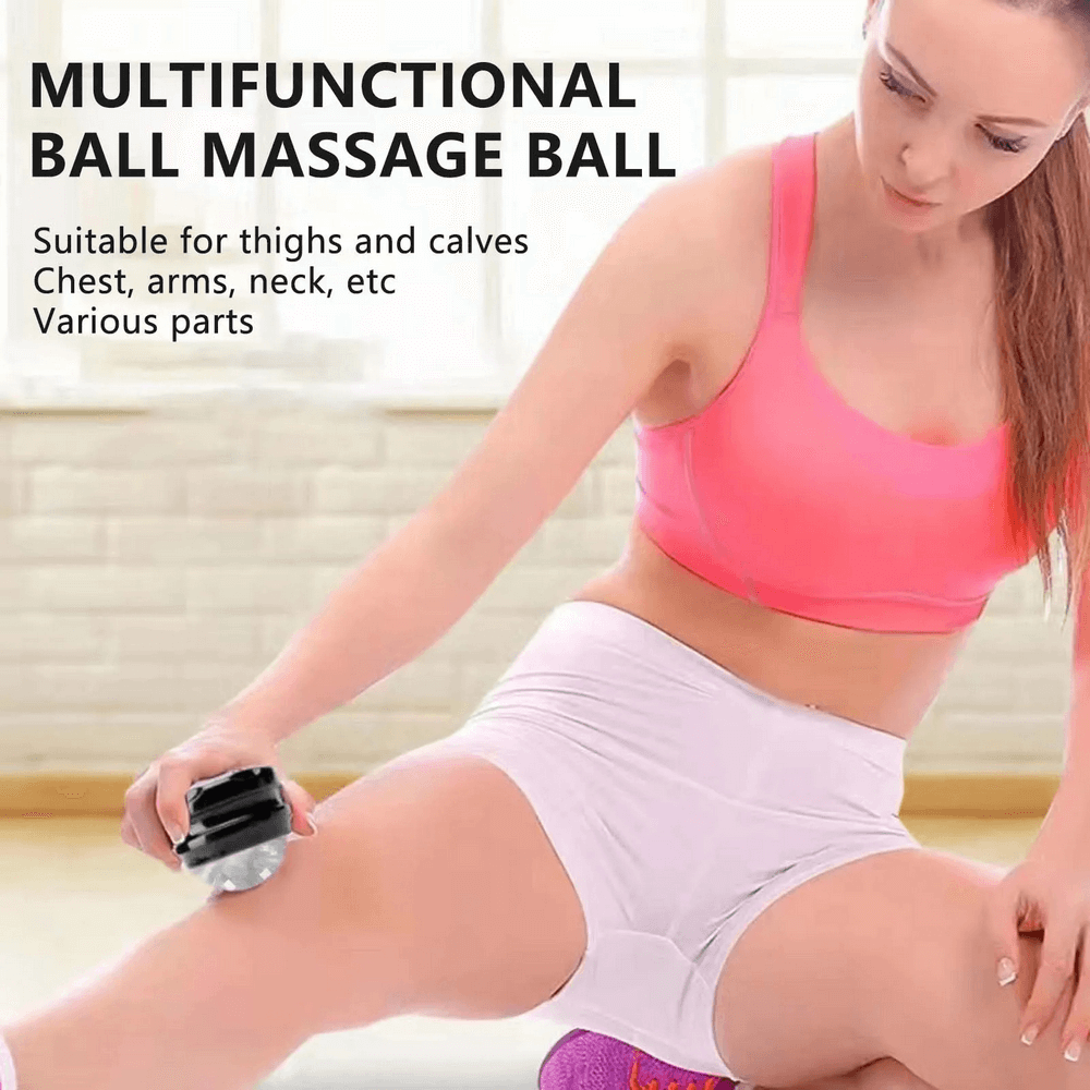 Woman using handheld massage roller ball on thigh for muscle relaxation and pain relief, perfect for deep tissue and myofascial therapy.