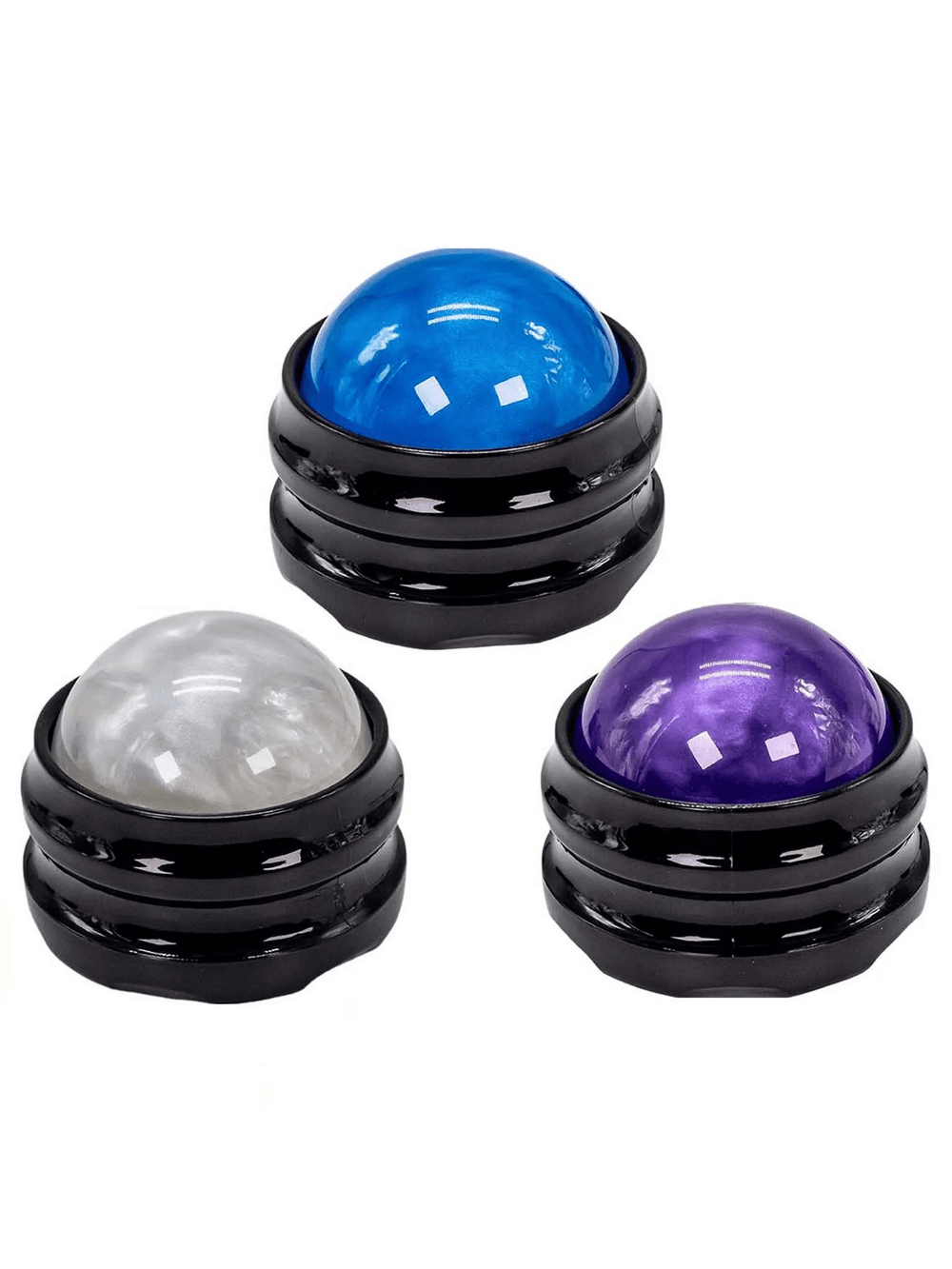 Multifunctional handheld massage roller balls in blue, purple, and silver, designed for deep tissue muscle relaxation and myofascial release.