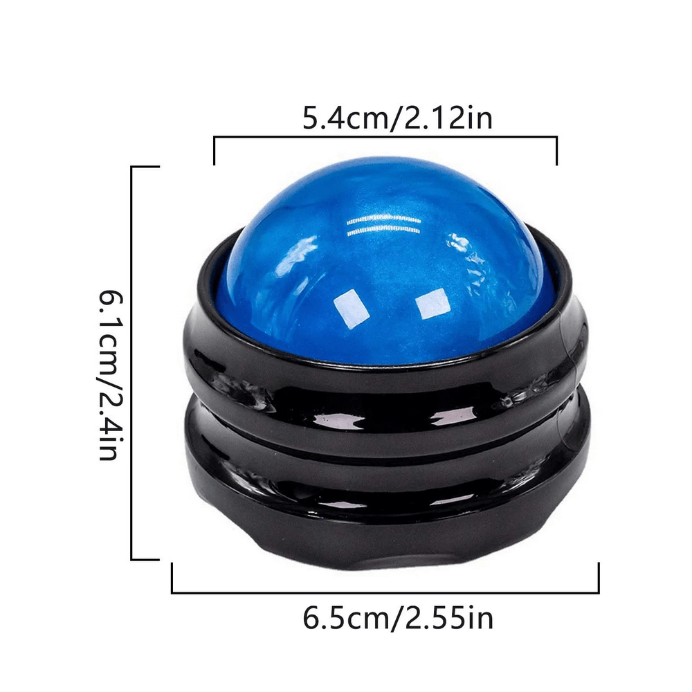 Multifunctional handheld massage roller ball with 360° rotation, ideal for deep tissue relief and muscle relaxation; dimensions shown.
