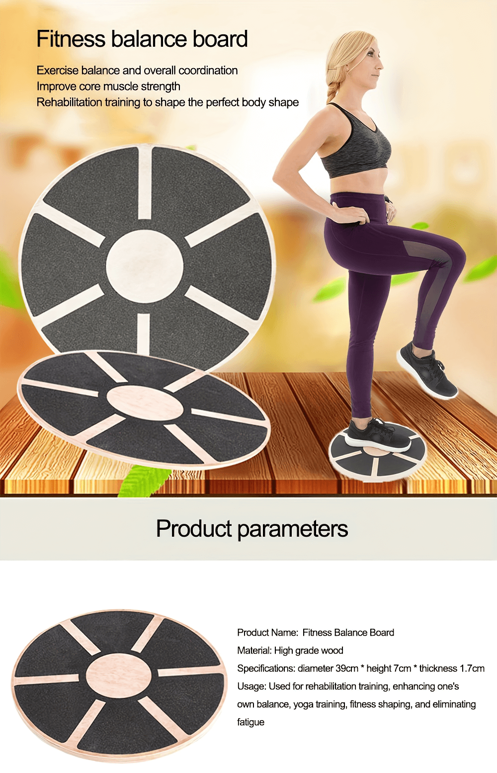 Woman using multifunctional wooden wobble balance board for stability and core strength during home workout.