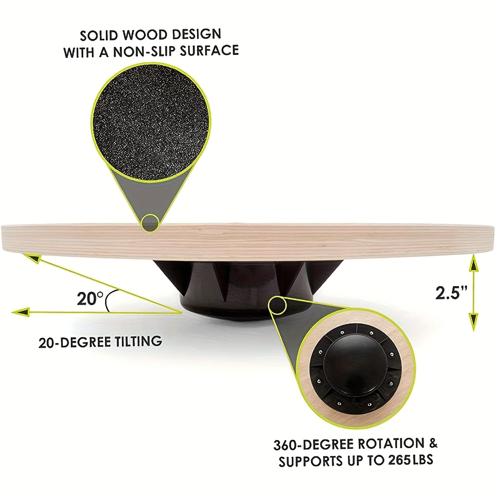 Multifunctional Wooden Wobble Balance Board SF2815 with non-slip surface, 20-degree tilting, 360-degree rotation, supports 265 lbs.