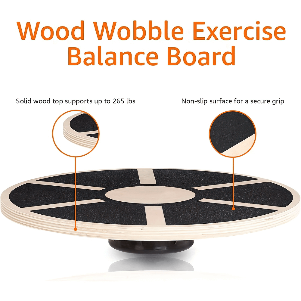 Wooden wobble balance board with non-slip surface for stability workouts, supporting up to 265 lbs. Ideal for fitness and therapy.