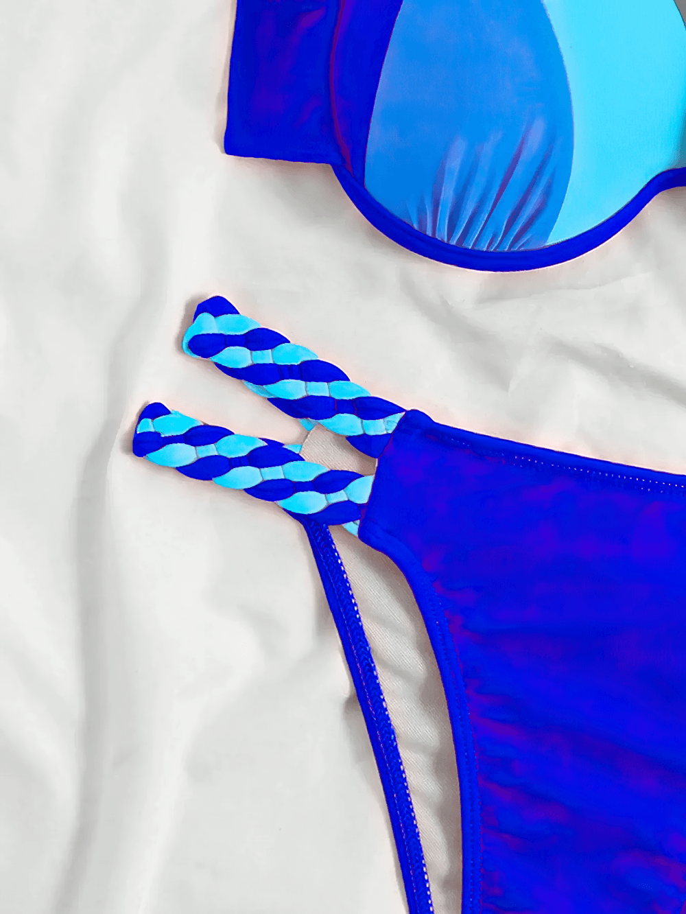 Neon Female Bikini Swimsuit Set for Braided Details - SF4723 with braided halter ties and vibrant blue color.
