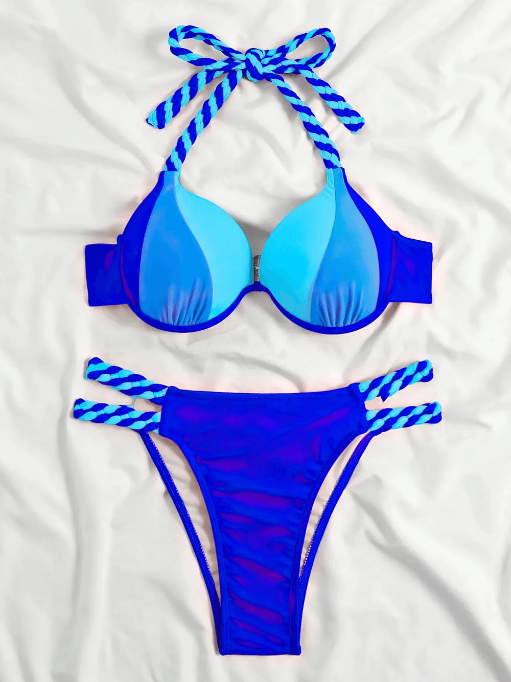 Neon Female Bikini Swimsuit Set for Braided Details - SF4723 in blue with braided tie straps, perfect for summer beachwear.