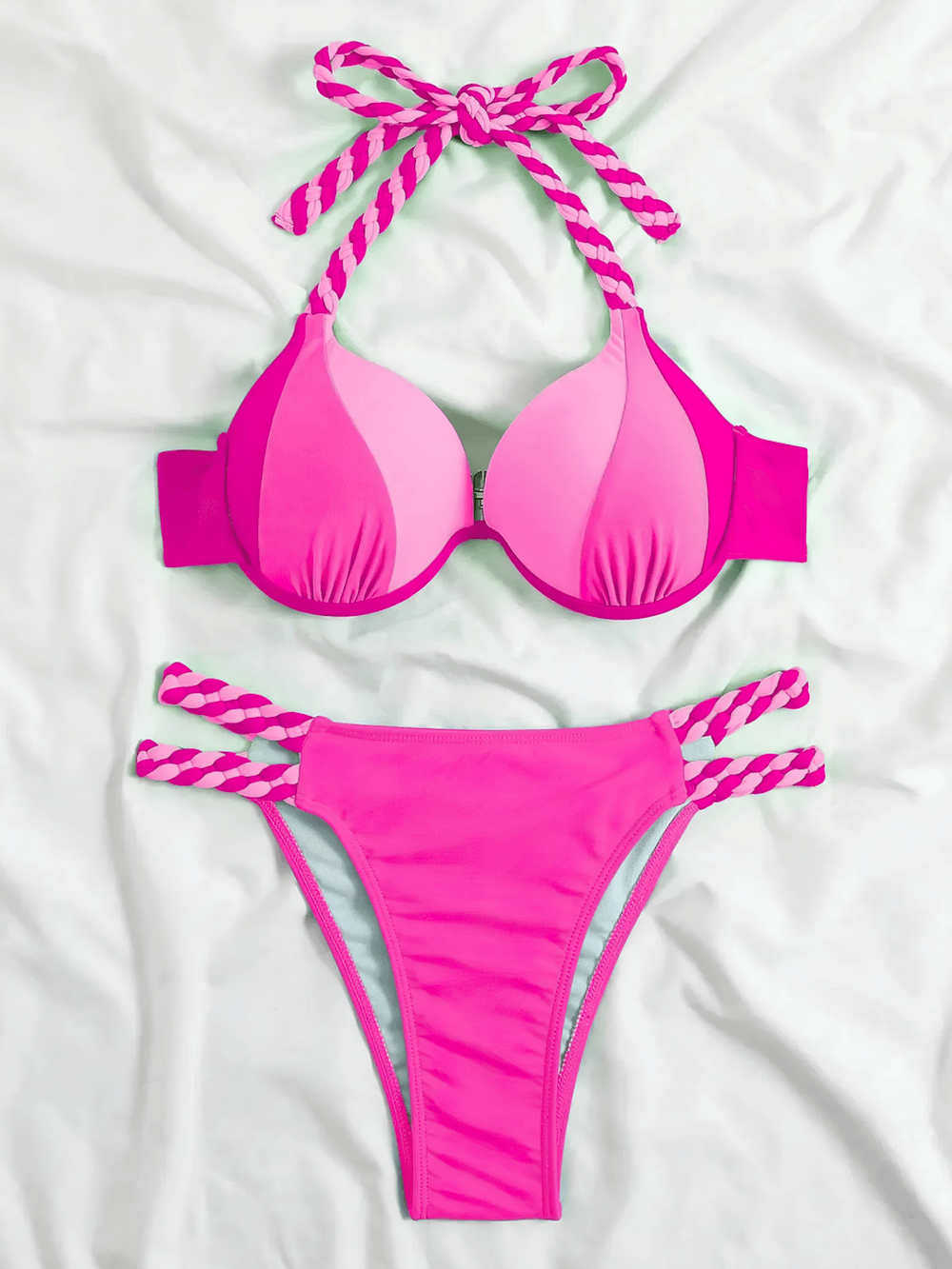 Neon Female Bikini Swimsuit Set for Braided Details - SF4723 with bold pink colors and braided halter ties