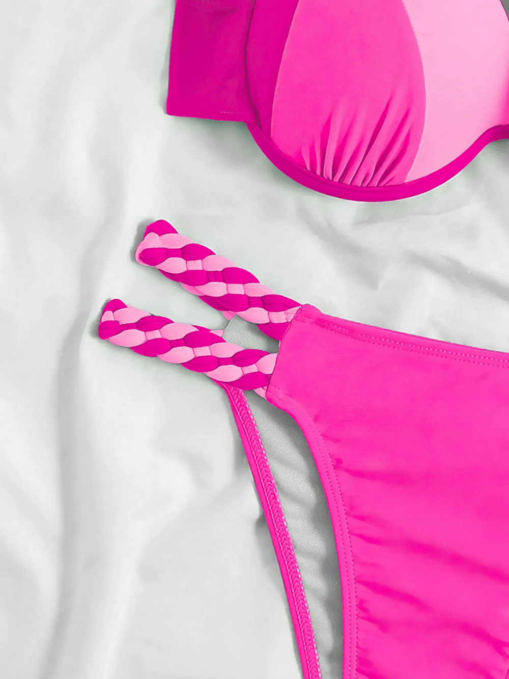 Neon Female Bikini Swimsuit Set for Braided Details - SF4723 with pink braided ties and smooth fabric on a white background.