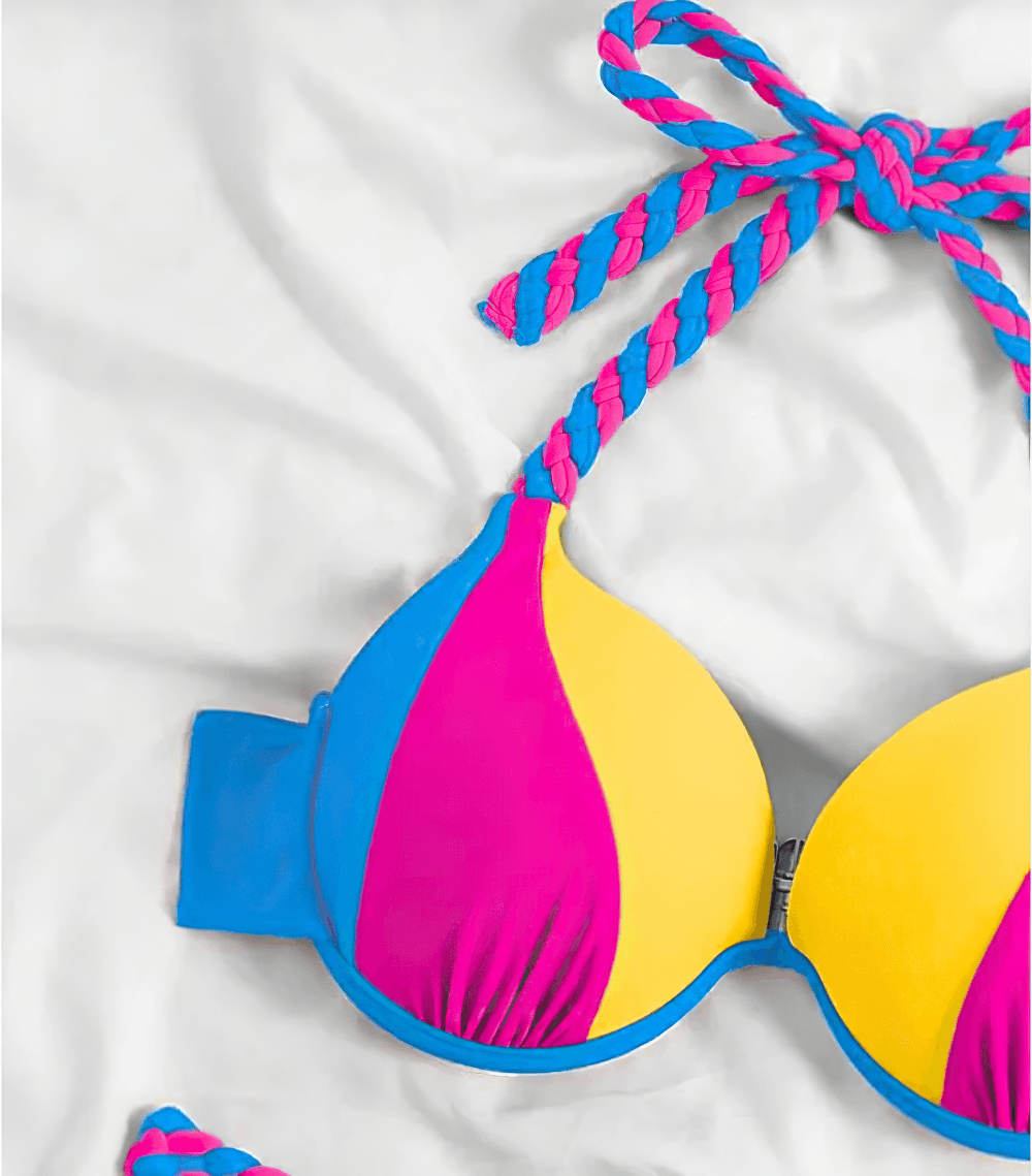 Neon Female Bikini Swimsuit Set for Braided Details - SF4723 with colorful braided halter ties and vibrant color blocking.