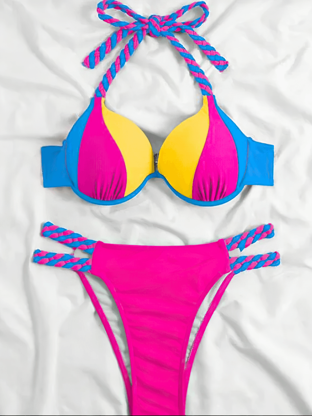 Neon Female Bikini Swimsuit Set for Braided Details - SF4723 in vibrant colors with braided halter ties.