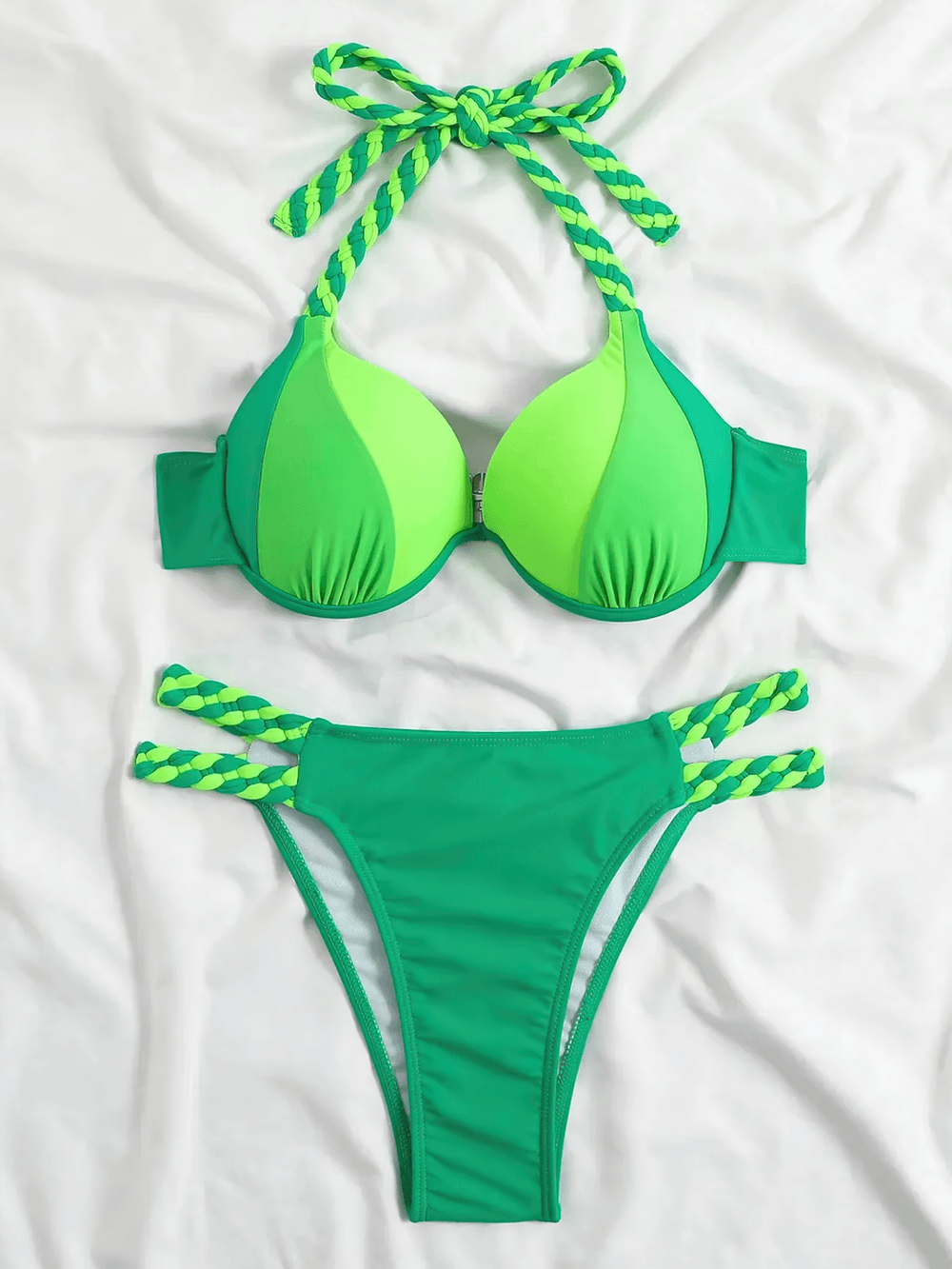 Neon Female Bikini Swimsuit Set for Braided Details - SF4723 featuring vibrant green color and stylish braided ties.