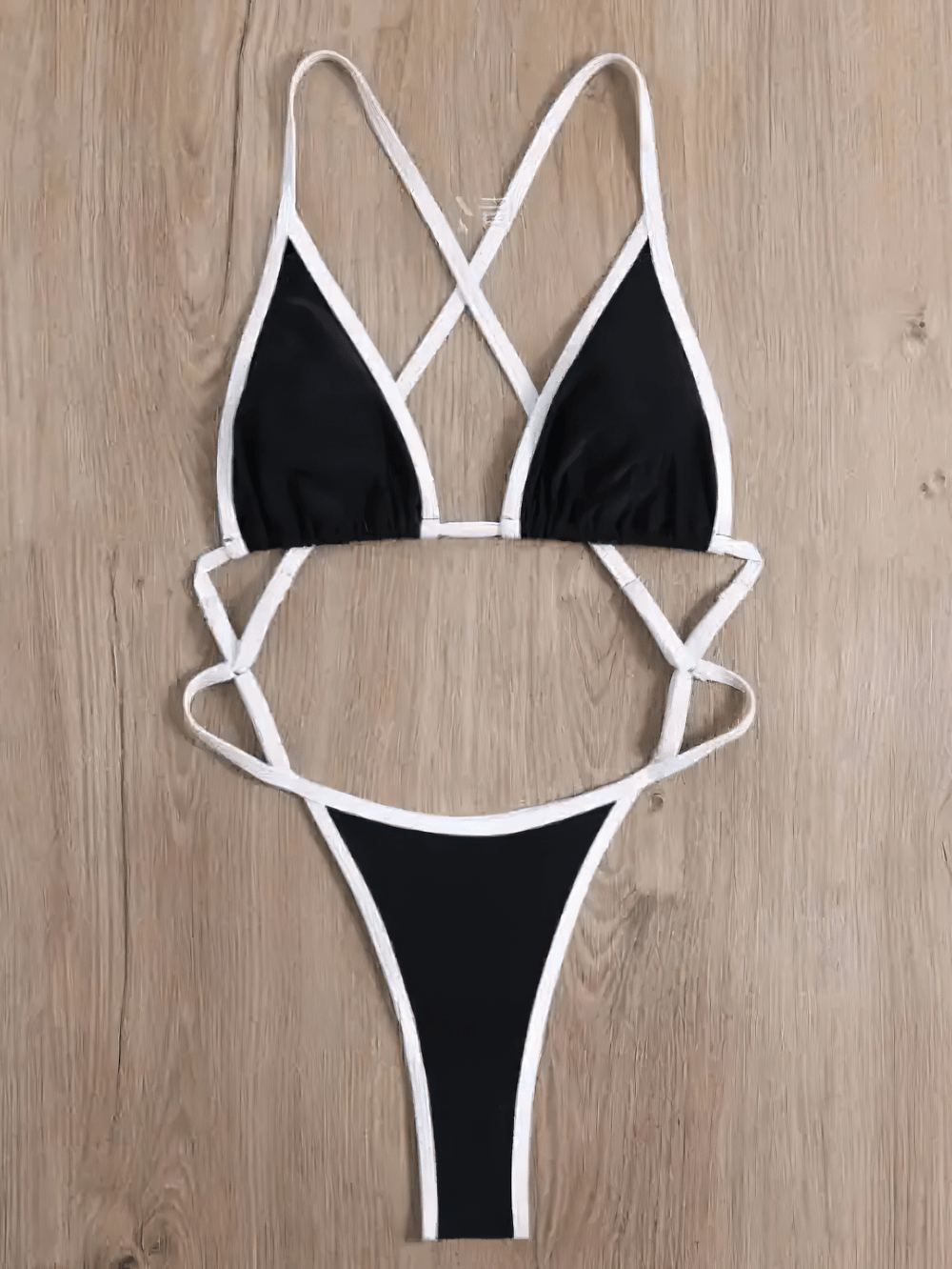 Neon Trim Strappy Halterneck Monokini Swimwear - SF4729 on wooden background, showcasing stylish design with strappy silhouette.