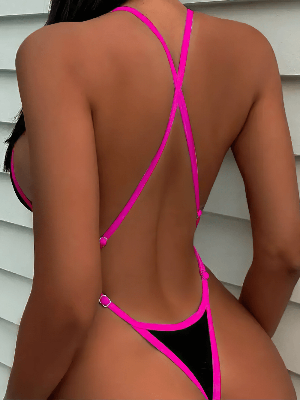 Neon Trim Strappy Halterneck Monokini Swimwear - SF4729 showcased from the back, featuring slim neon straps and bold design.