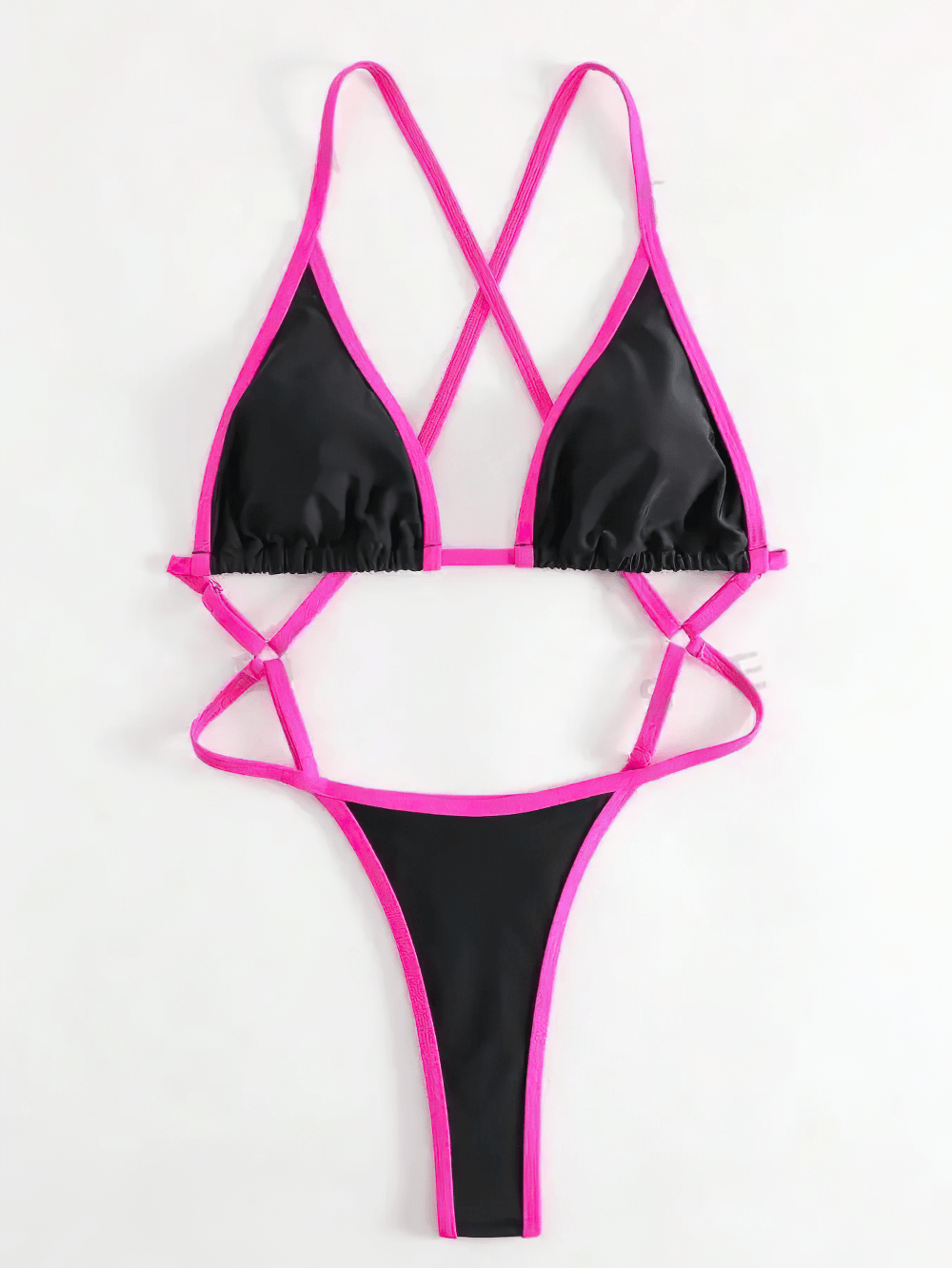 Neon Trim Strappy Halterneck Monokini Swimwear - SF4729 in black with bright pink trim and criss-cross straps.