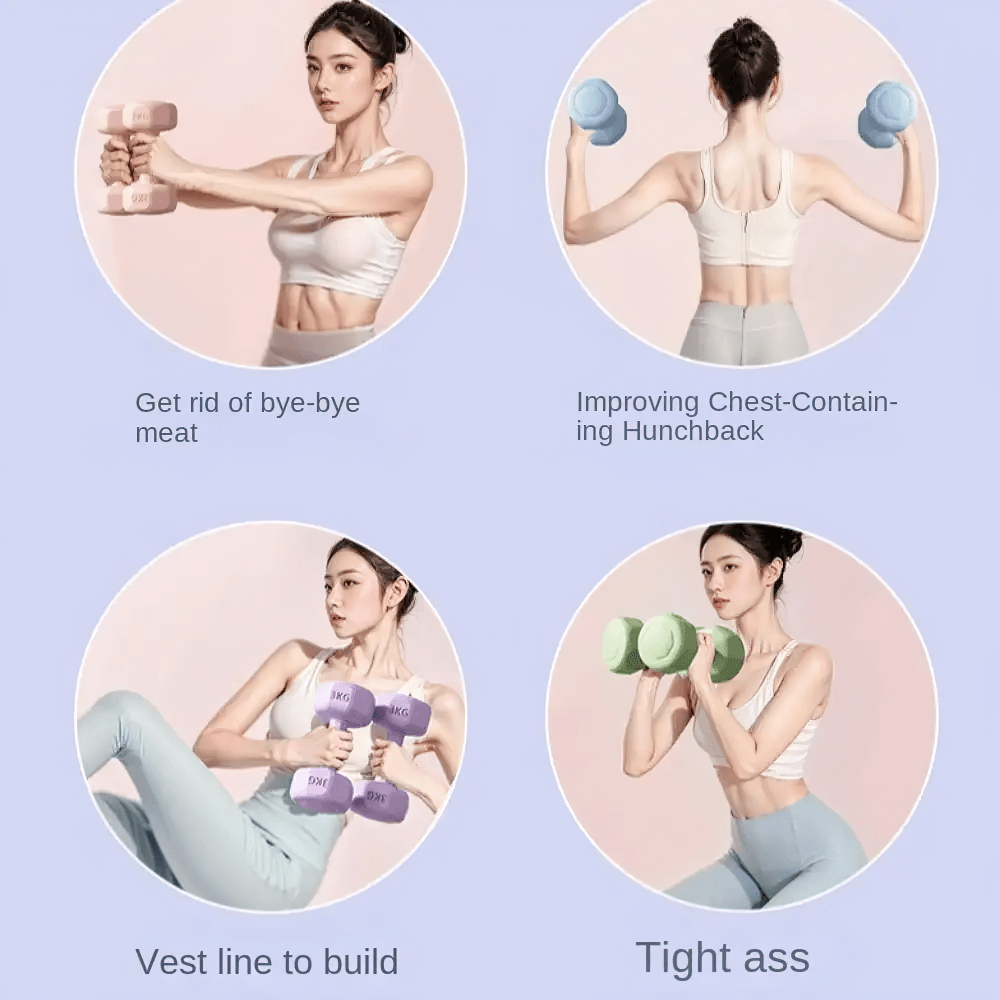 Woman demonstrating exercises with colorful neoprene dumbbells to tone arms, enhance posture, and build core strength in stylish home gym.