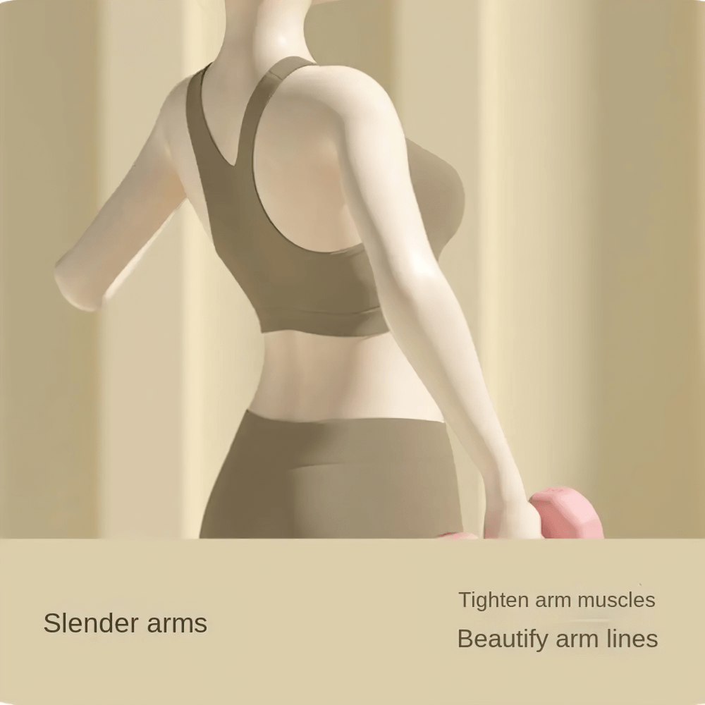 Woman exercising with pink dumbbells to tone slender arms, tighten muscles, and beautify arm lines.