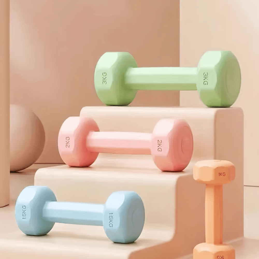 Colorful neoprene-coated dumbbell set SF3347 in various weights, featuring slip-resistant grip and hex shape for home and gym workouts.
