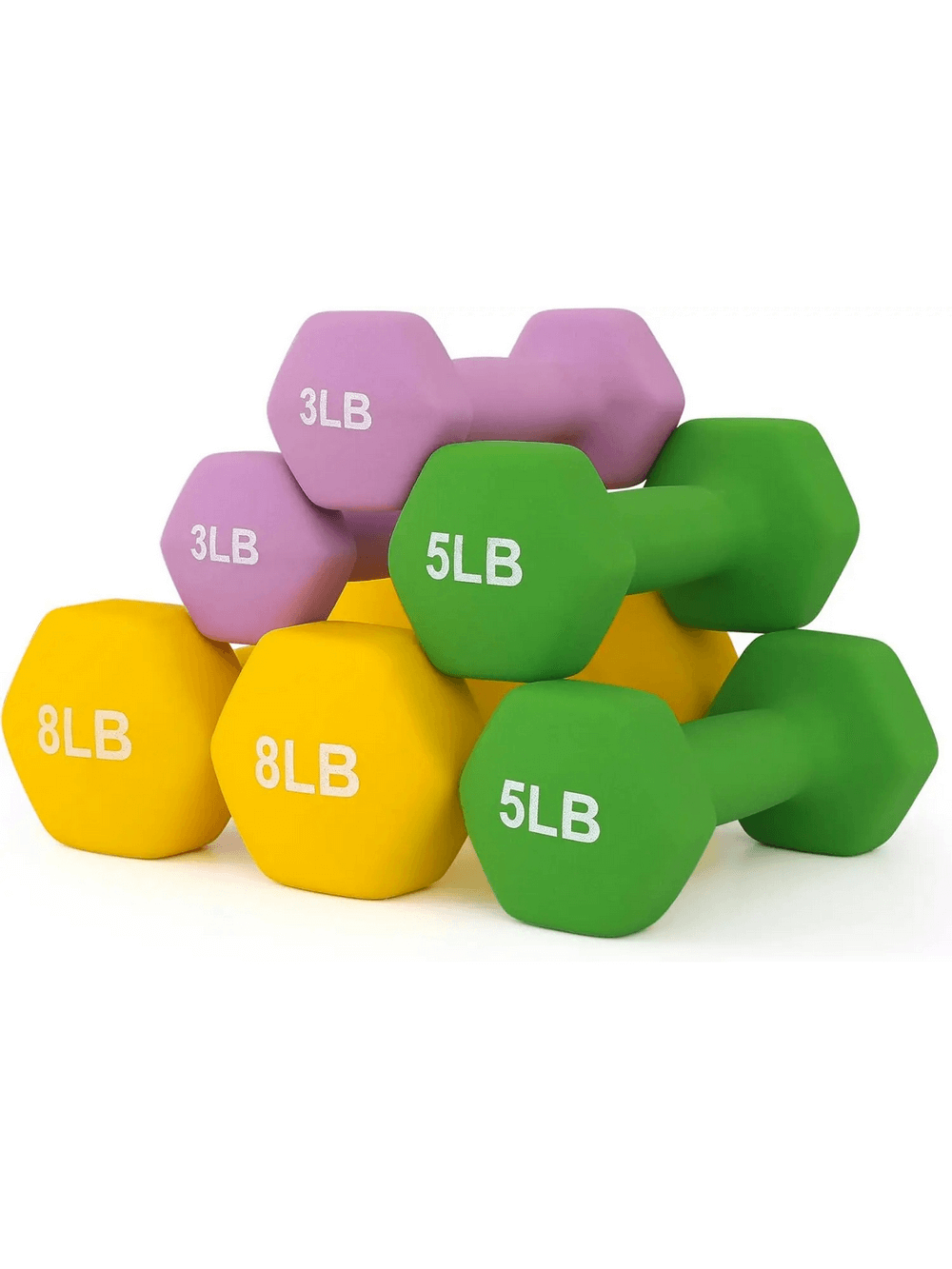 Color coded neoprene hex dumbbells set, includes 3lb, 5lb, and 8lb weights, perfect for home and gym workouts.