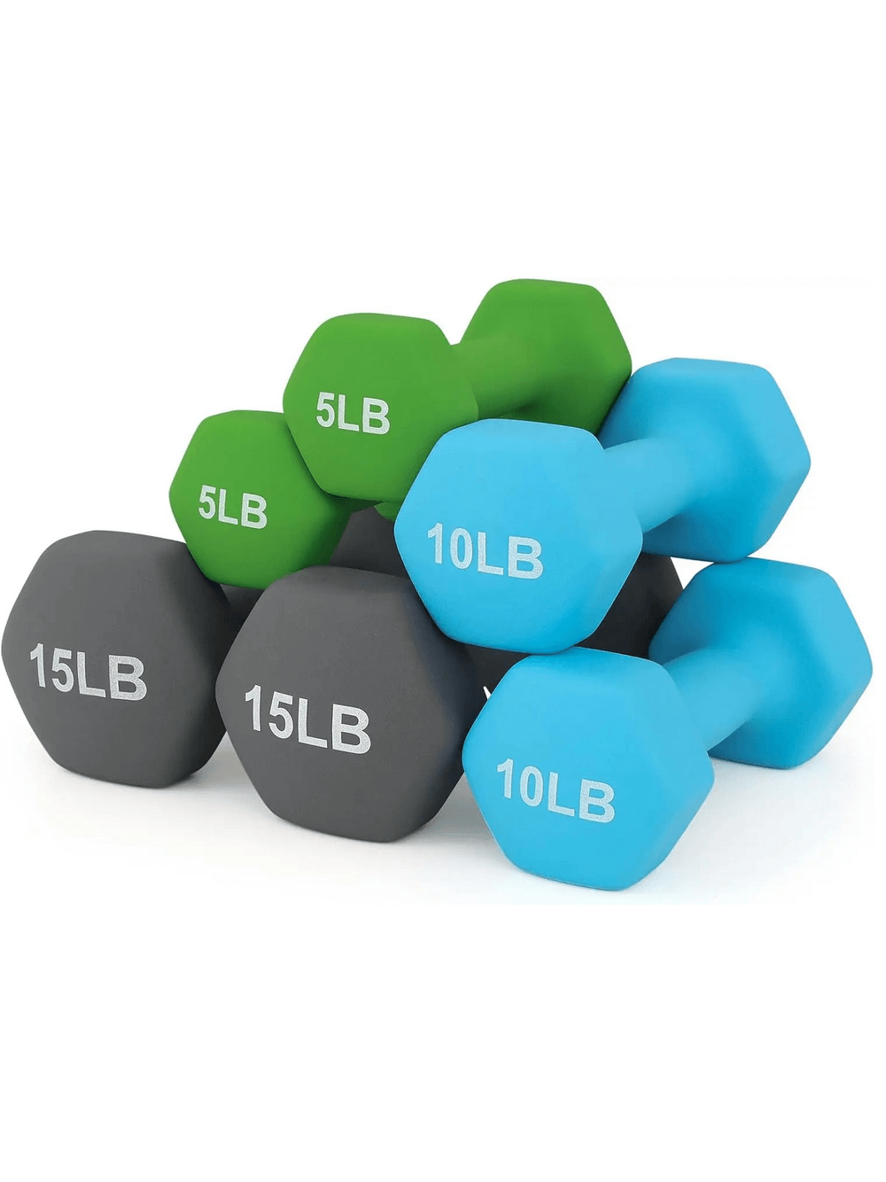 Color-coded neoprene hex dumbbells set in 5lb, 10lb, 15lb weights, perfect for strength training and home gym workouts.