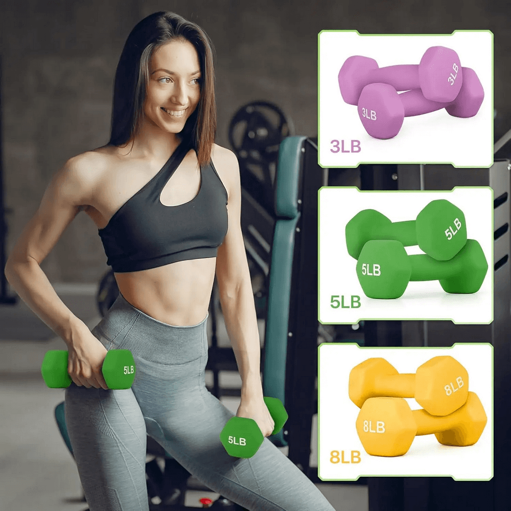 Woman using color-coded neoprene hex dumbbells for strength training. Includes 3lb, 5lb, and 8lb weights. Non-slip, anti-roll design.