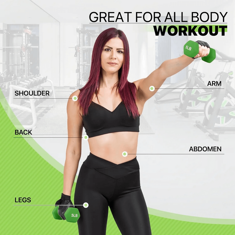 Woman performing workout with a 5lb hex dumbbell, illustrating targeted muscle groups including arm, shoulder, back, legs, and abdomen.