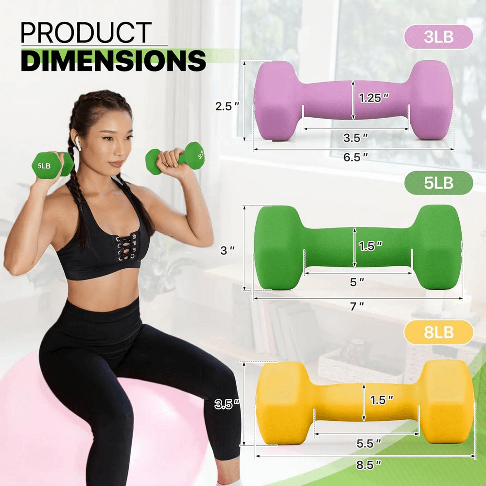Woman exercising with neoprene hex dumbbells set SF3372, showcasing 3lb, 5lb, and 8lb weights, ideal for strength training.