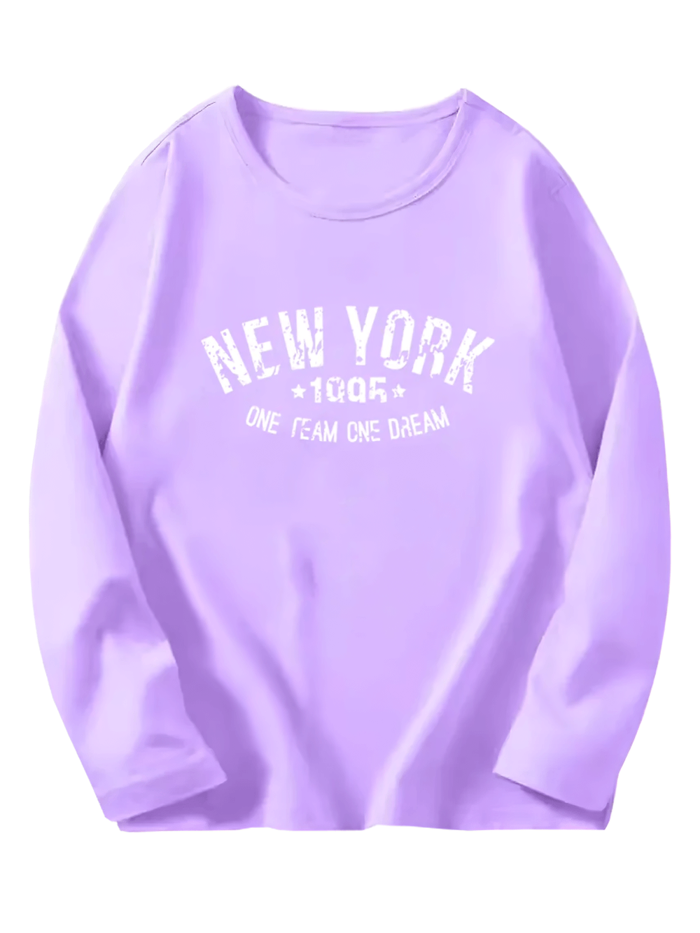Stylish lavender long-sleeved top with 'New York One Team One Dream' graphic, made from soft cotton, perfect for casual wear. SF3115
