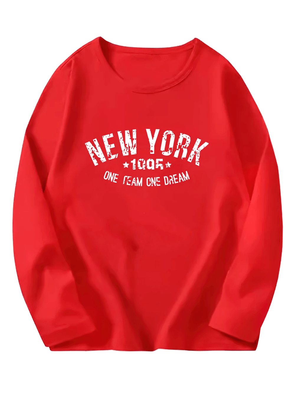 Red New York One Team One Dream long sleeved cotton top, featuring bold white lettering, perfect for casual wear and versatile styling.