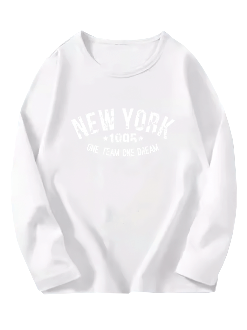 Stylish New York One Team One Dream long sleeved white top, casual cotton top with bold print, perfect for versatile casual looks.