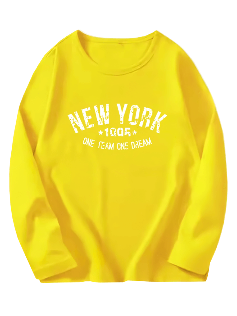 Yellow New York graphic long sleeve cotton top, perfect for casual wear, featuring 'One Team One Dream' slogan and relaxed fit.